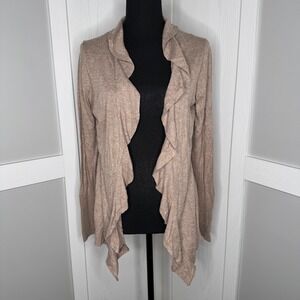 Ann Taylor‎ Loft Ruffle front sweater cardigan beige taupe open M Medium
